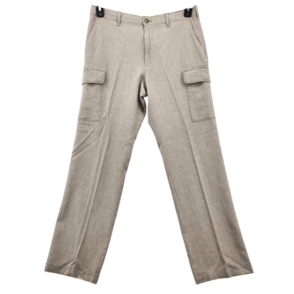 Perry Ellis Mens Natural Linen Blend Cargo Pants Beige Regular Fit 32x30 NEW